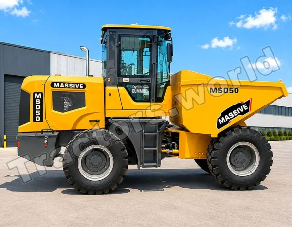 Massive MSD50 Site Dumper In Mozambique - Tractors for Sale in Mozambique Yellow heavy-duty dump truck (MSD50) parked outdoors in a concrete lot under a blue sky with a warehouse nearby.